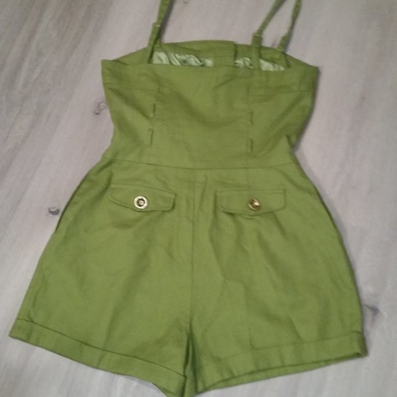 Twelve by Twelve Chartreusse short  romper with gold buttons and pockets - Picture 2 of 3